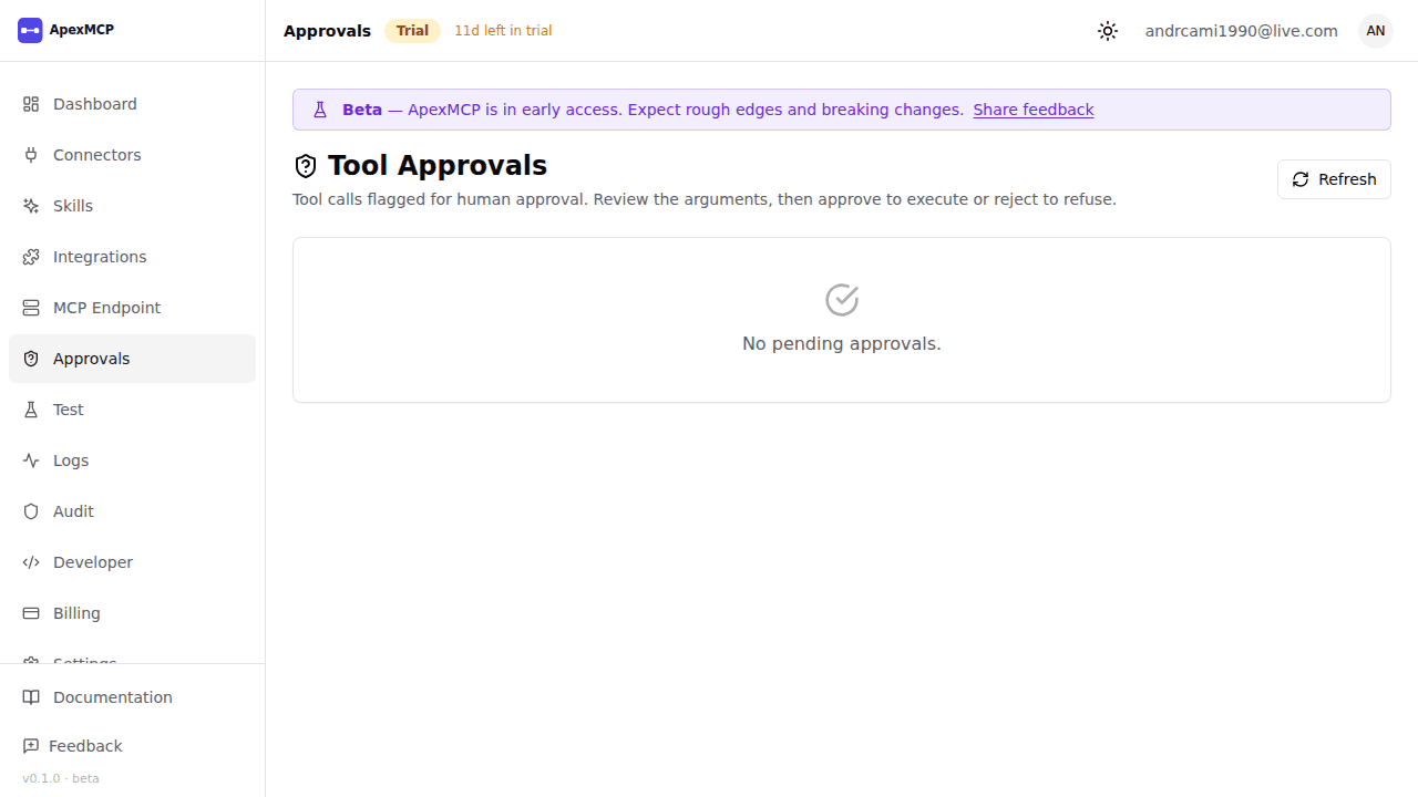 The Approvals page listing pending tool calls