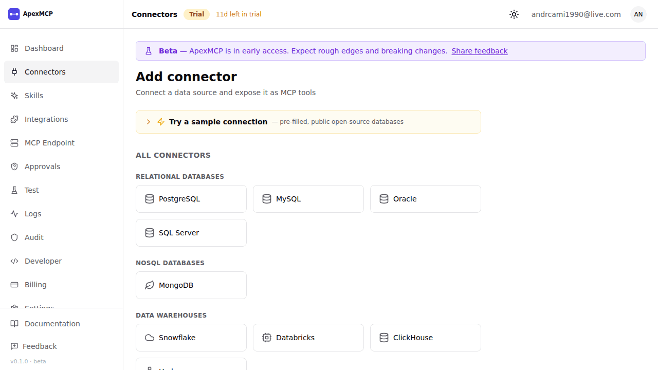 Connector catalog — choose a data source type
