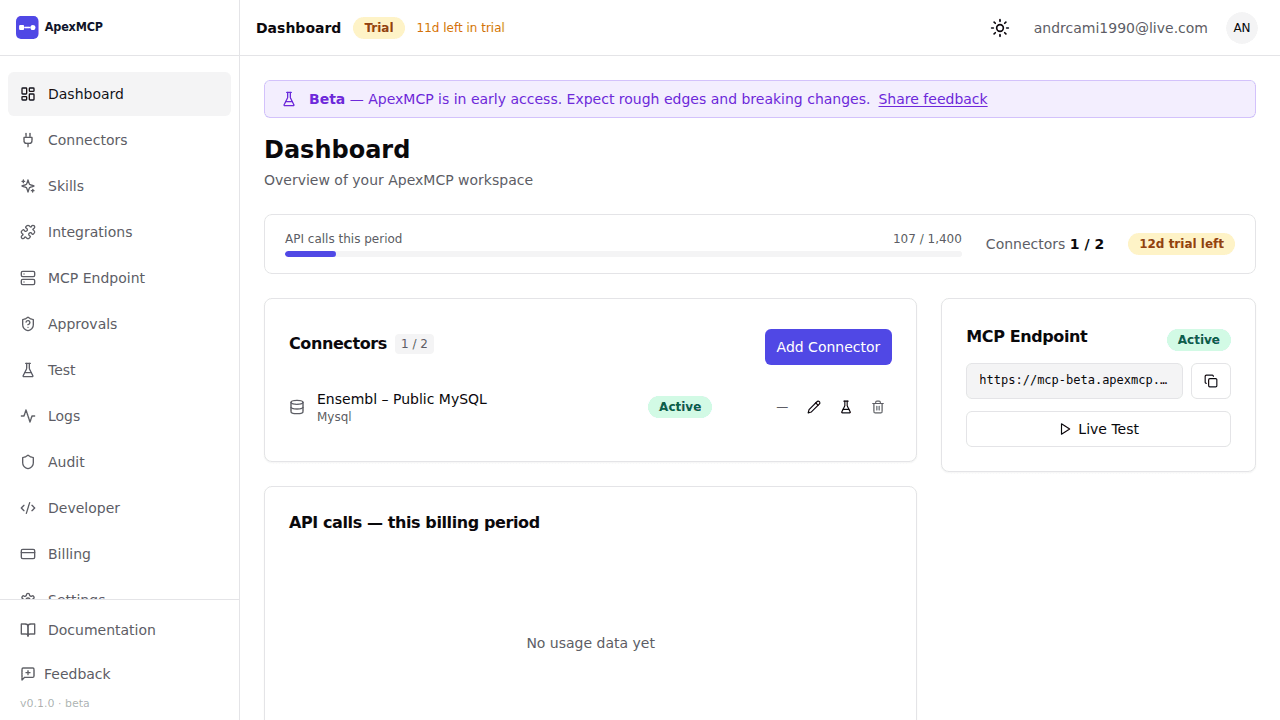 The ApexMCP dashboard
