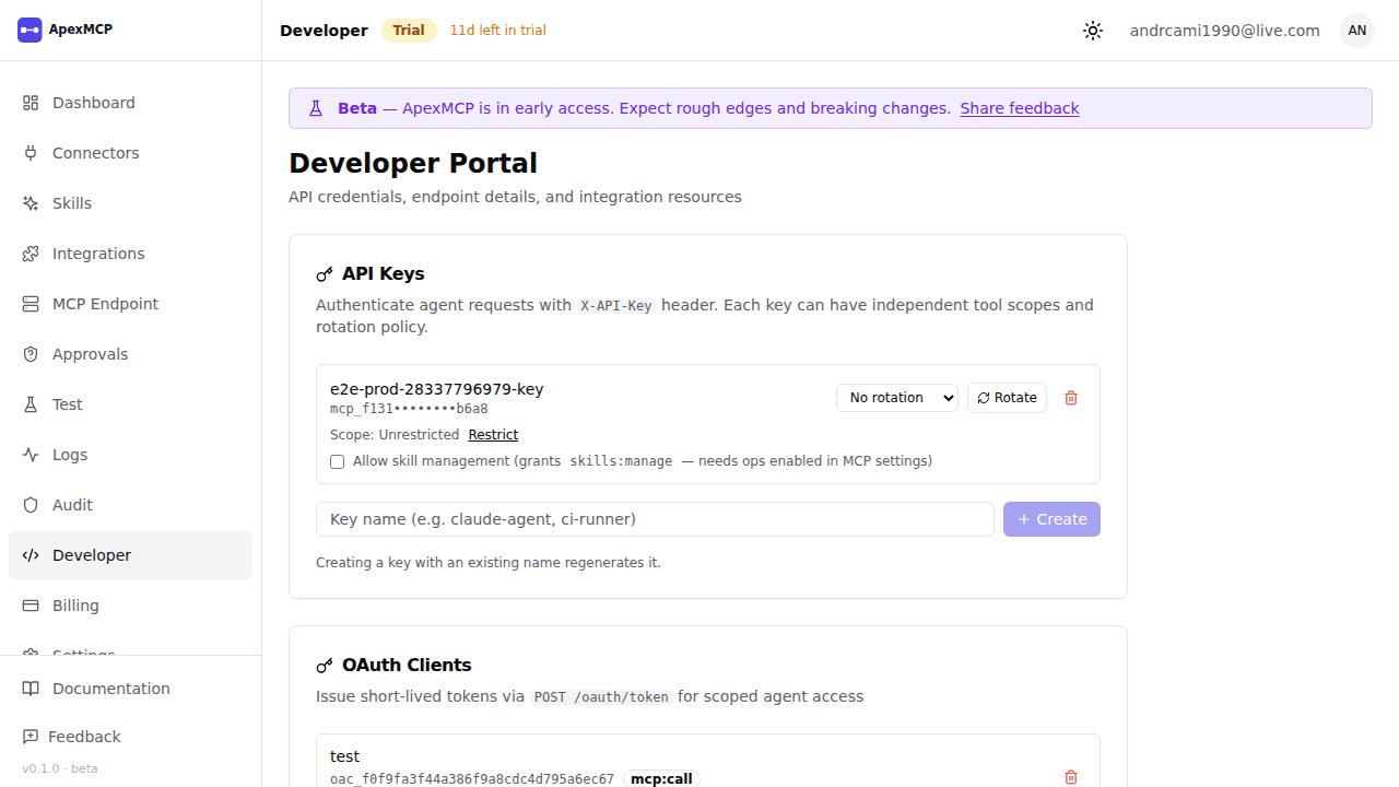 The developer portal where API keys are created