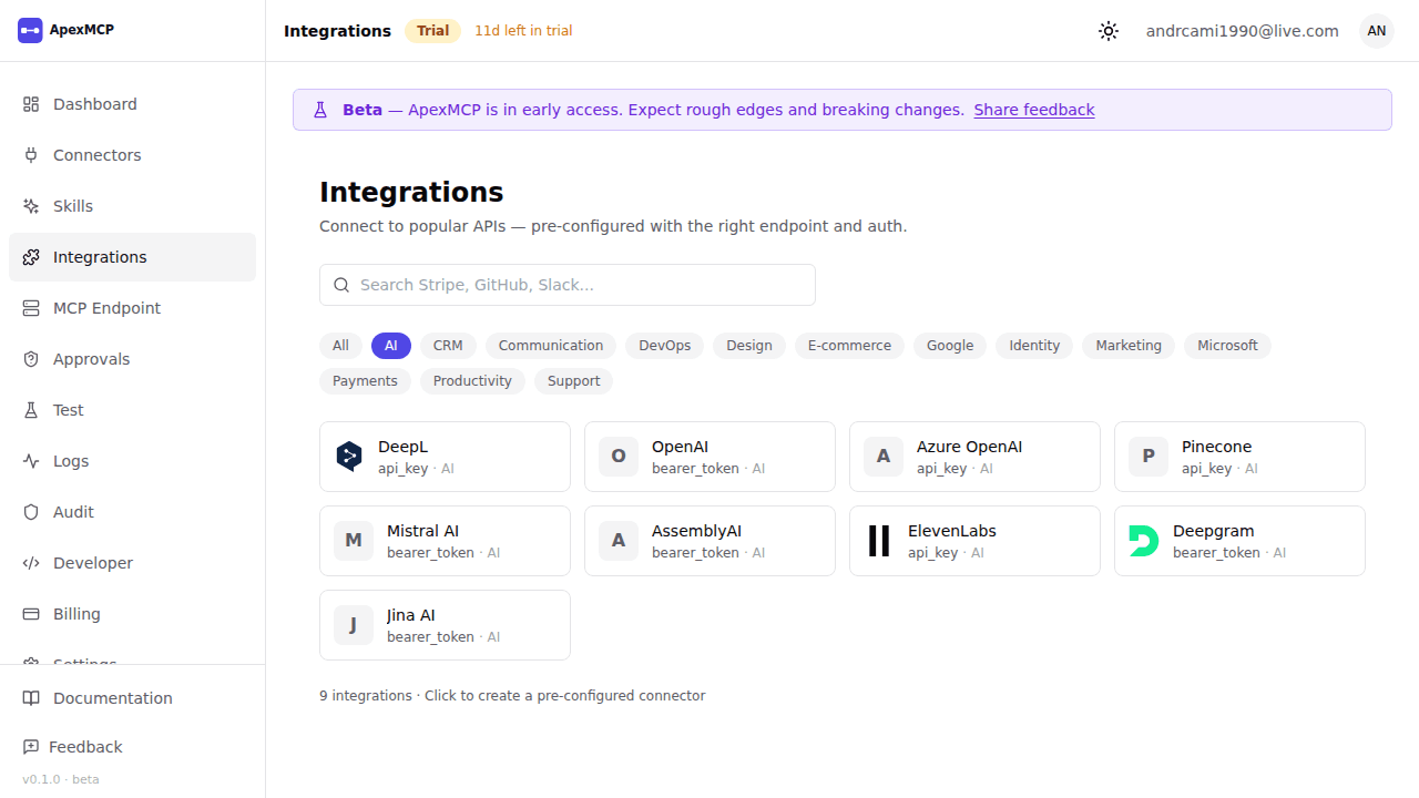 Integrations catalog filtered by category