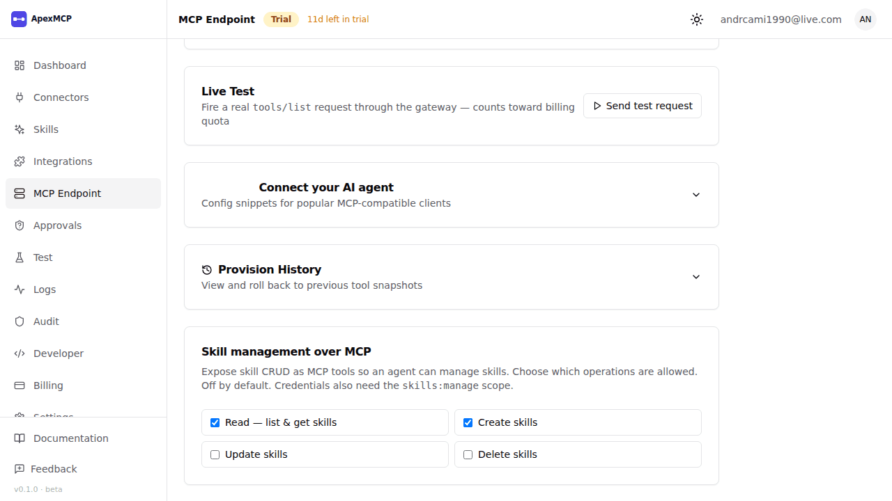Provisioning history on the MCP Endpoint page