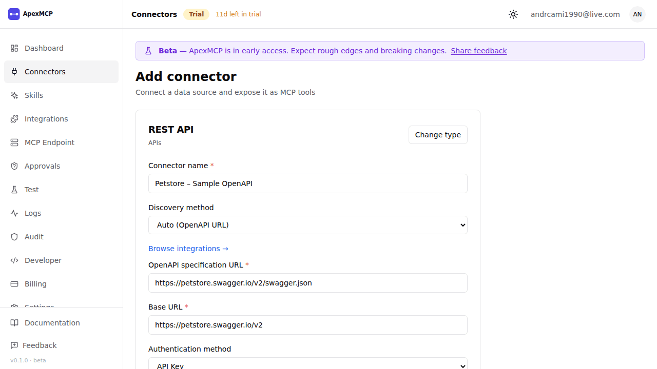 Creating a REST connector from the Petstore OpenAPI sample