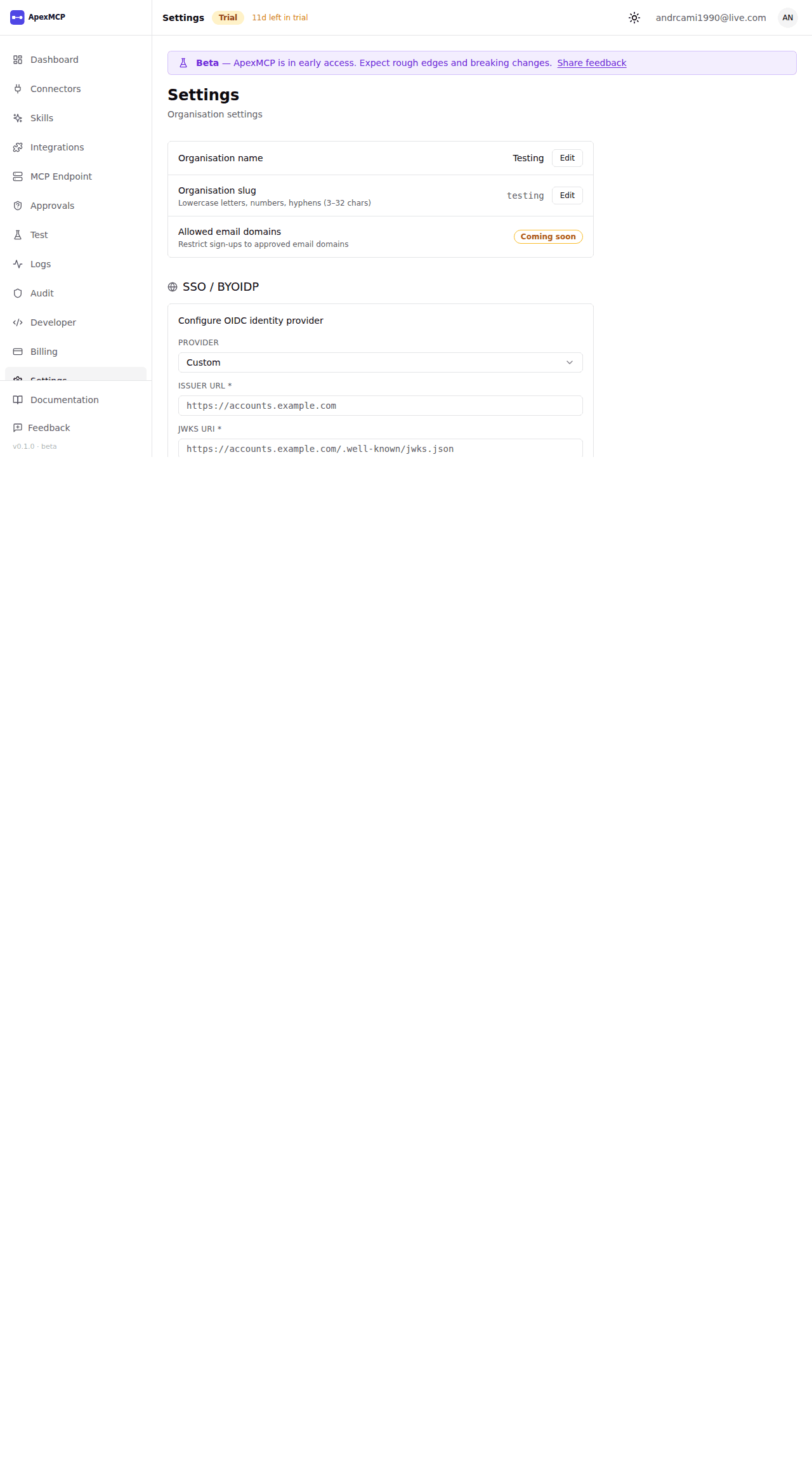 The Settings page